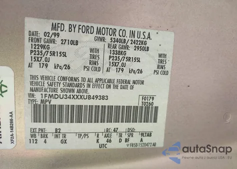 1999 Ford Explorer Xl/Xlt z USA, uszkodzony, nr VIN 1FMDU34XXXUB49383